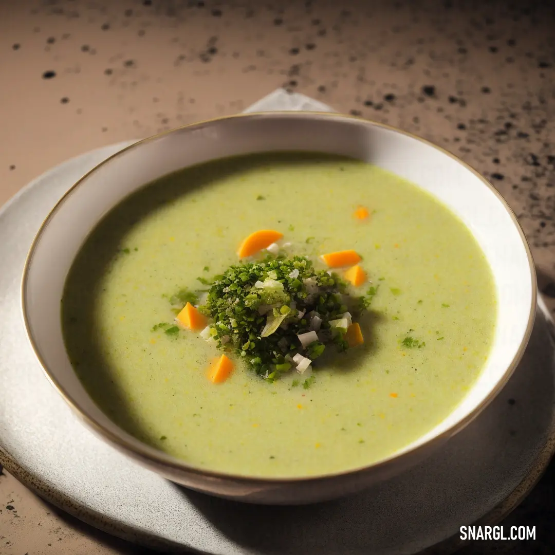 Bowl of soup with broccoli and carrots on a plate on a table top with a napkin