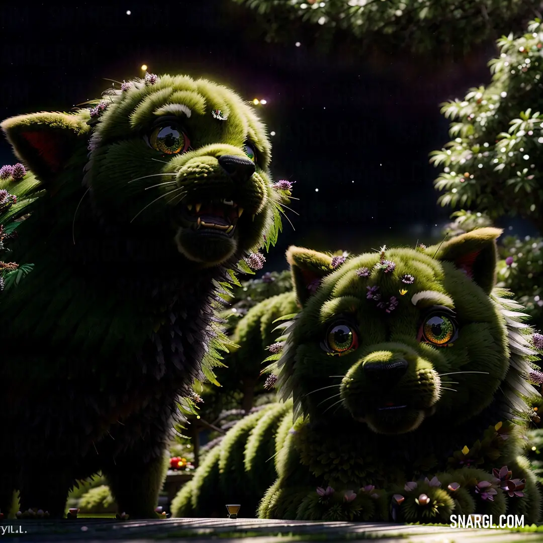 Couple of green furry animals standing next to each other on a field of grass and flowers at night