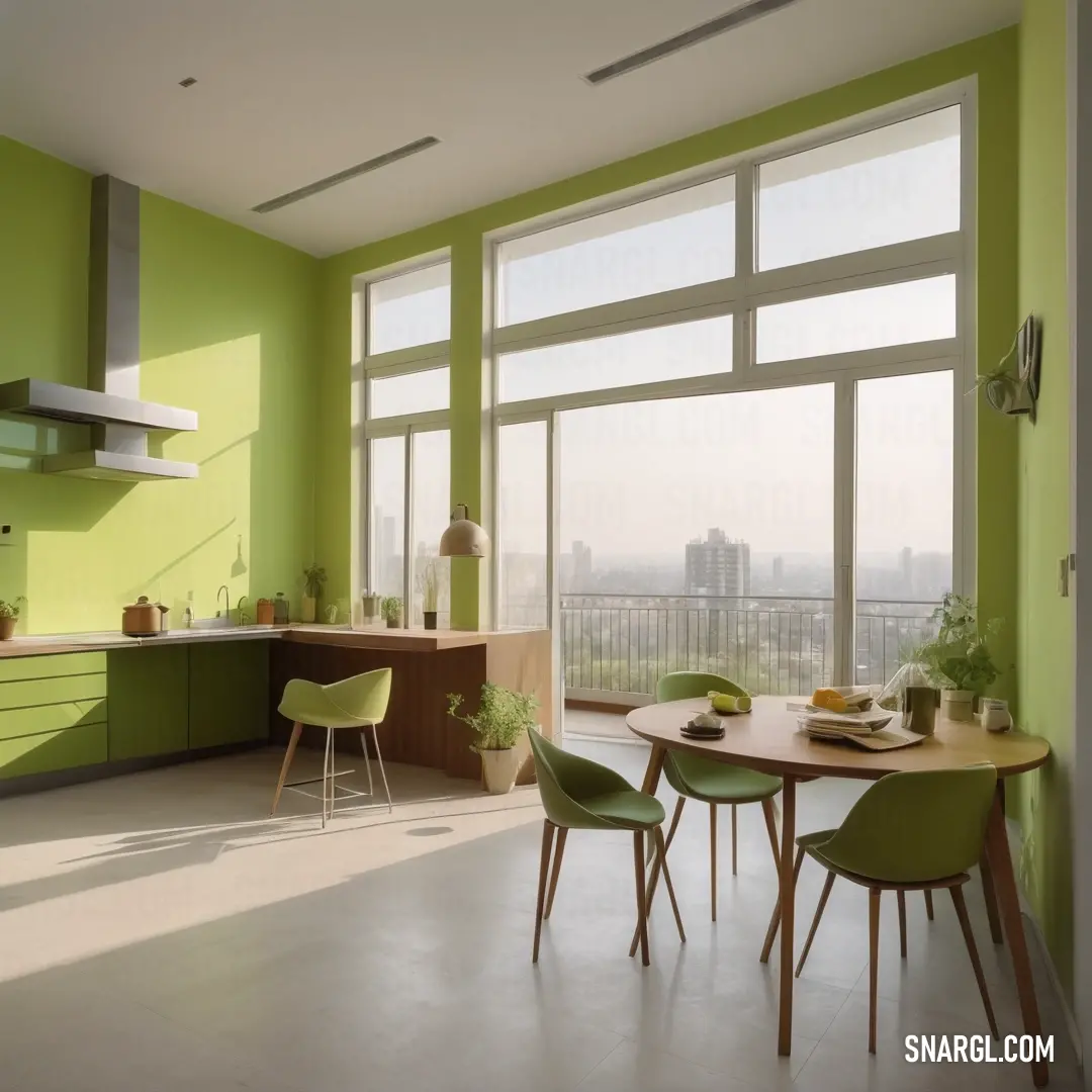 Kitchen with a table and chairs and a window with a view of the city outside of it. Example of RGB 186,184,108 color.