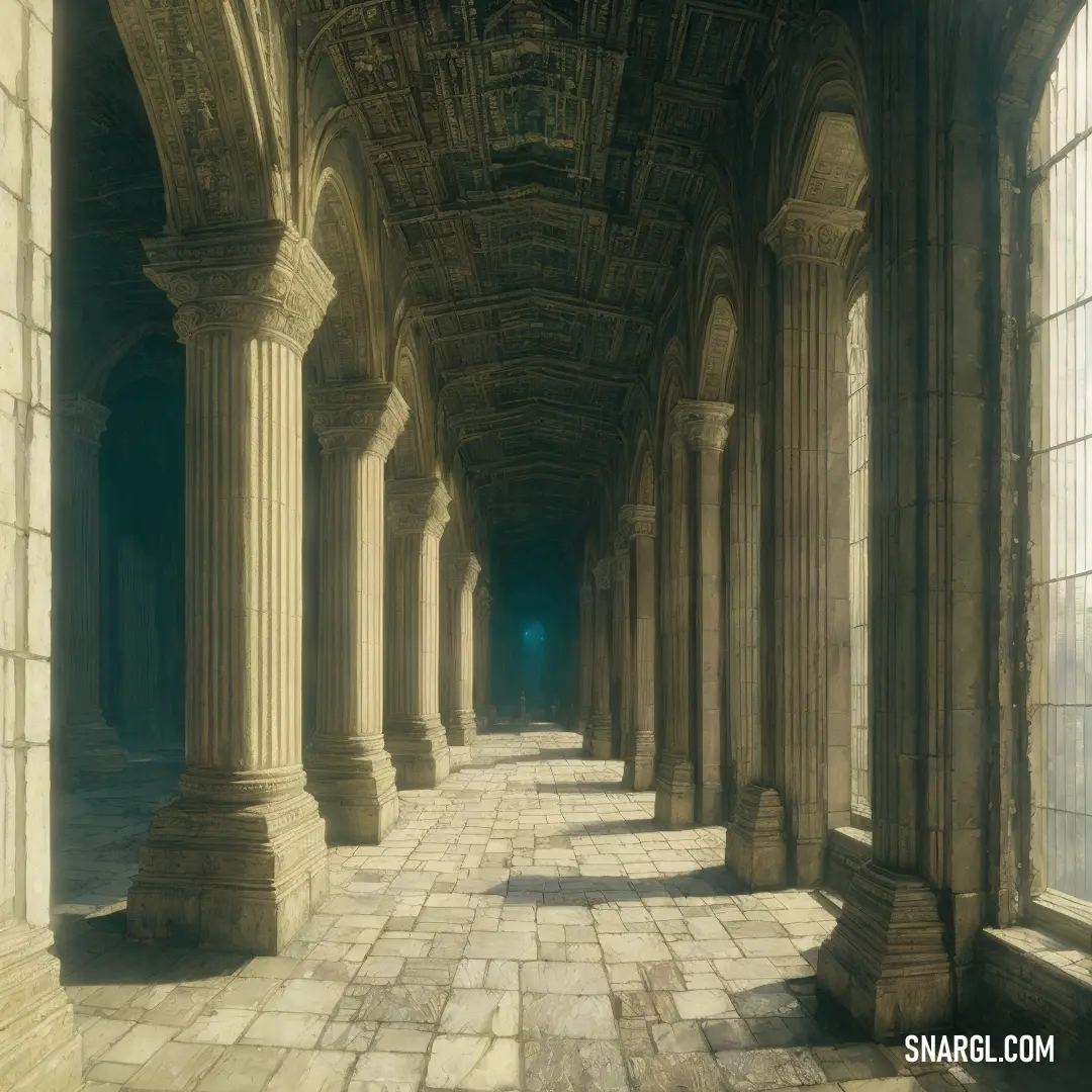 Painting of a hallway with columns and a clock on the wall and a window on the wall and a light coming through the window