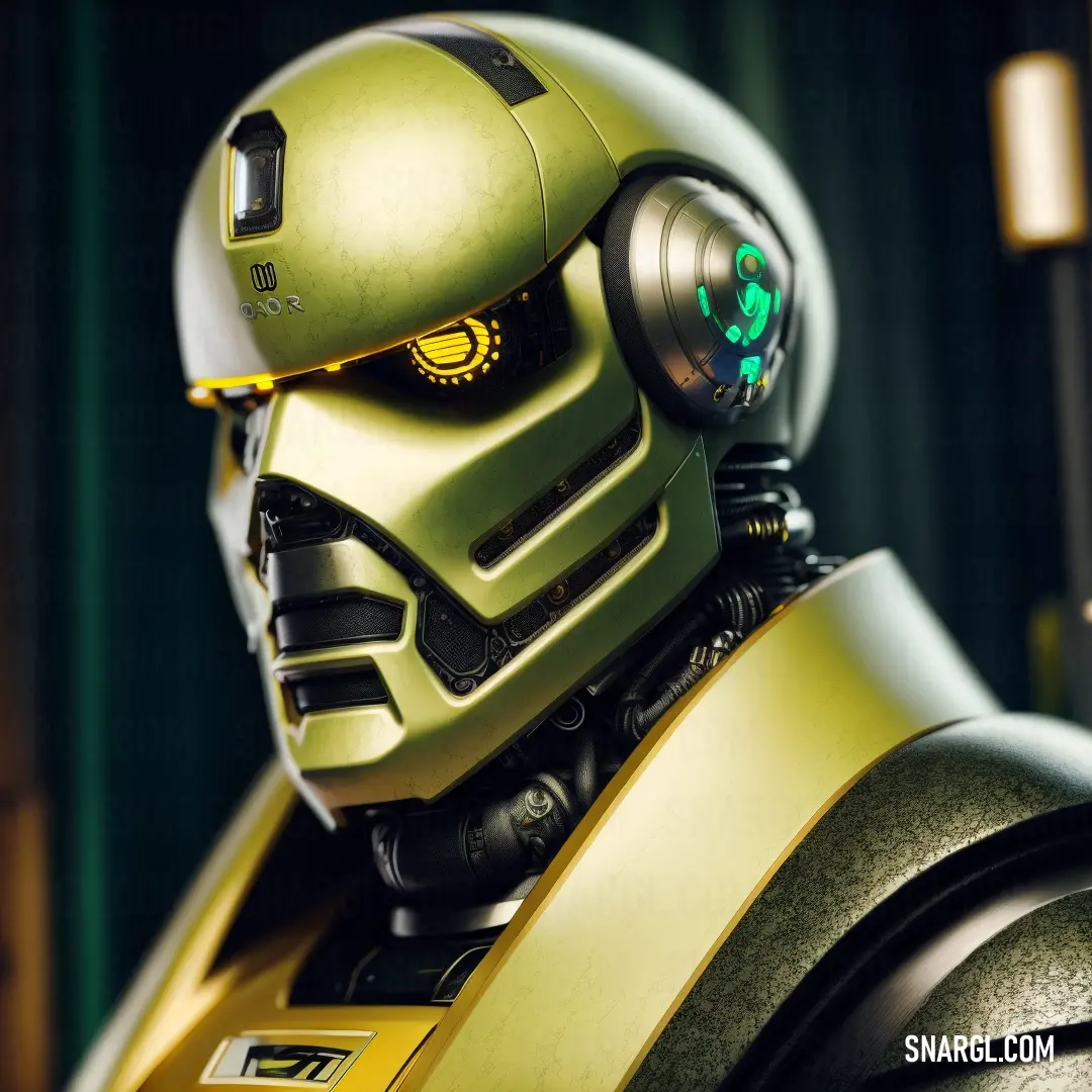 Robot with a helmet and a green light on his face and chest