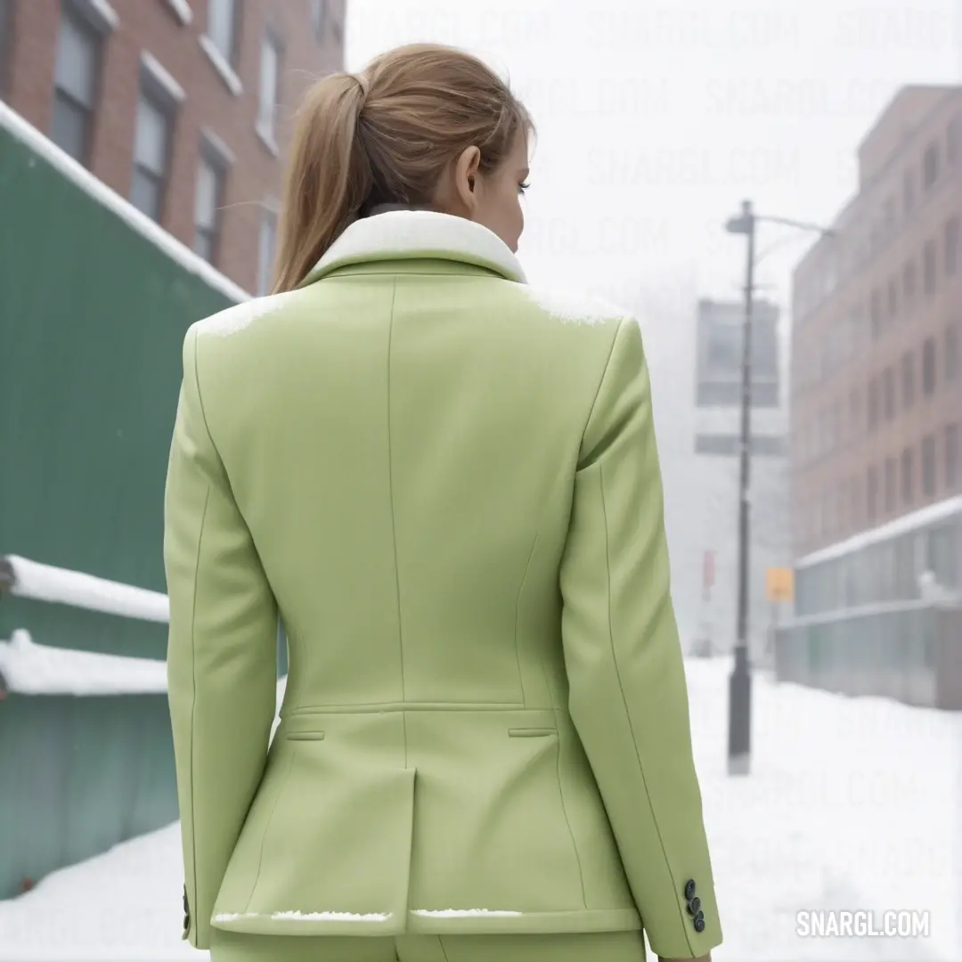 Woman in a green suit is walking down the street in the snow. Color CMYK 0,1,42,27.