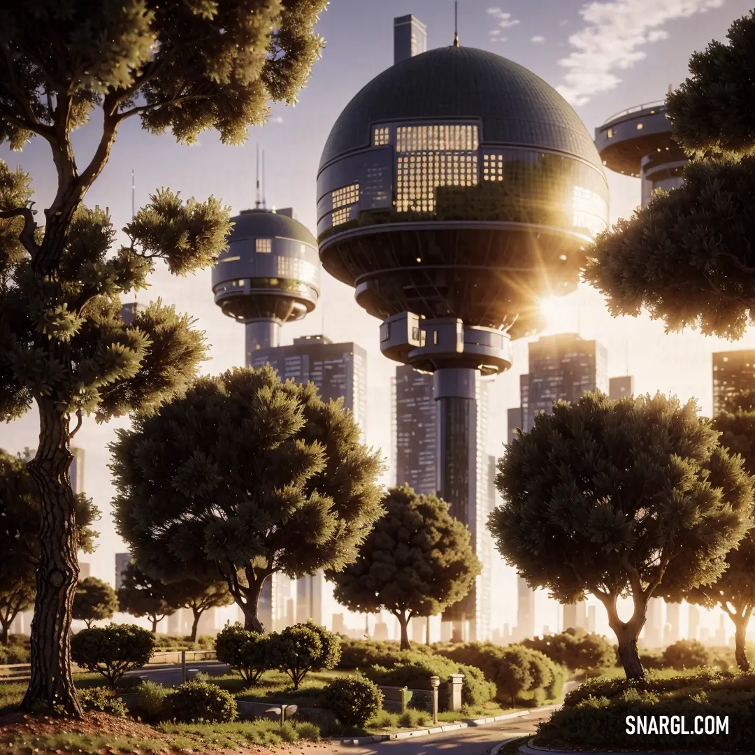 Futuristic city with a futuristic skyscraper in the background and trees in the foreground