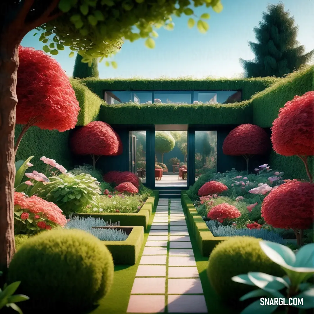 Garden with a walkway and a lot of flowers and trees in it and a building in the background. Color RGB 128,128,0.