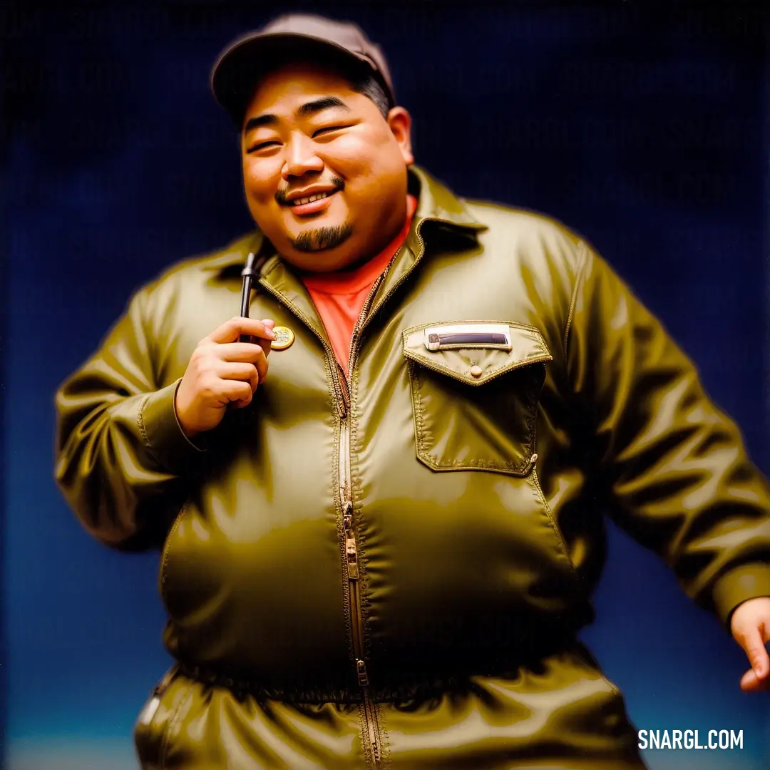 Man in a green jacket holding a pipe in his hand and smiling at the camera with a blue background