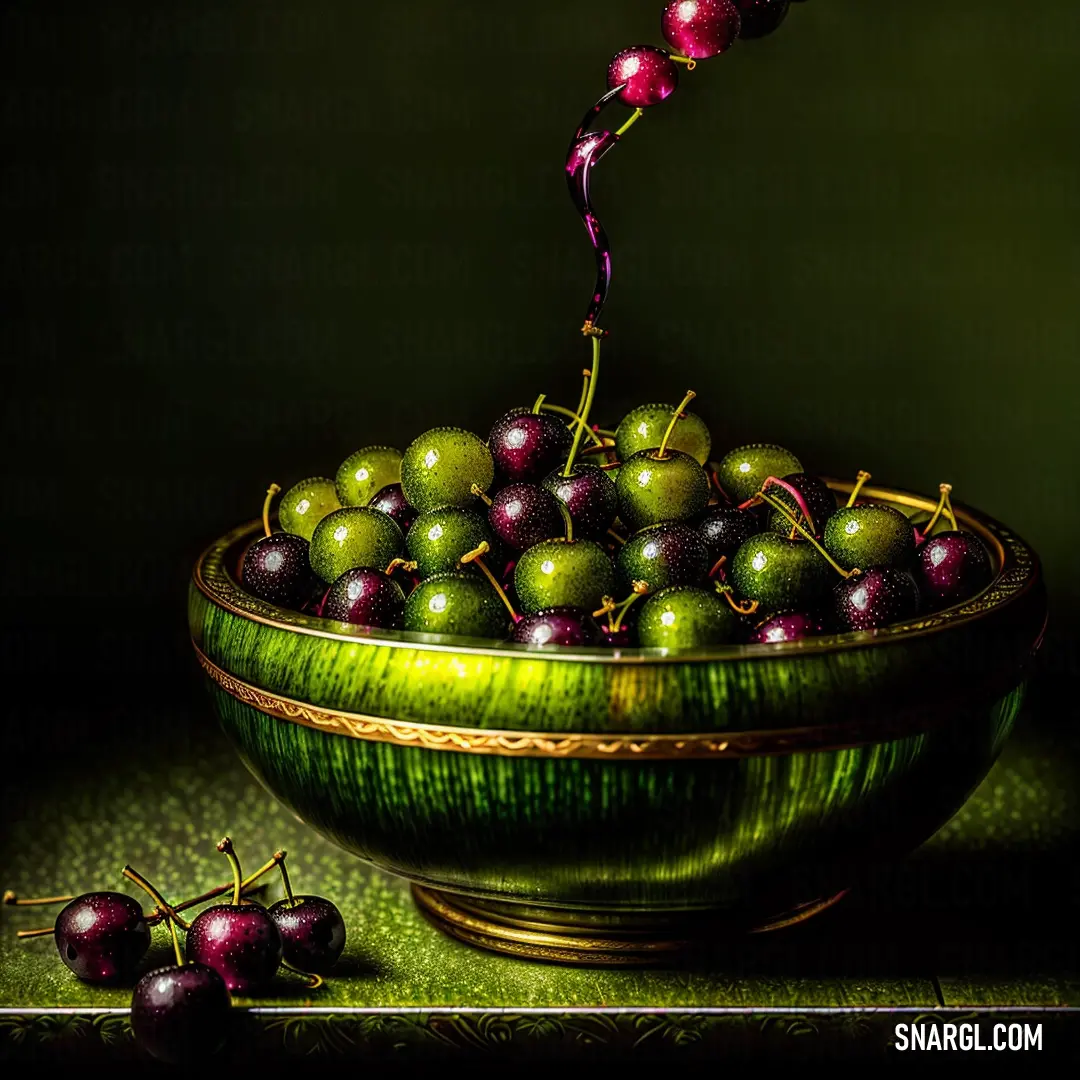 Bowl of grapes with a stem sticking out of it's top and a green bowl with some red berries in it. Color #808000.