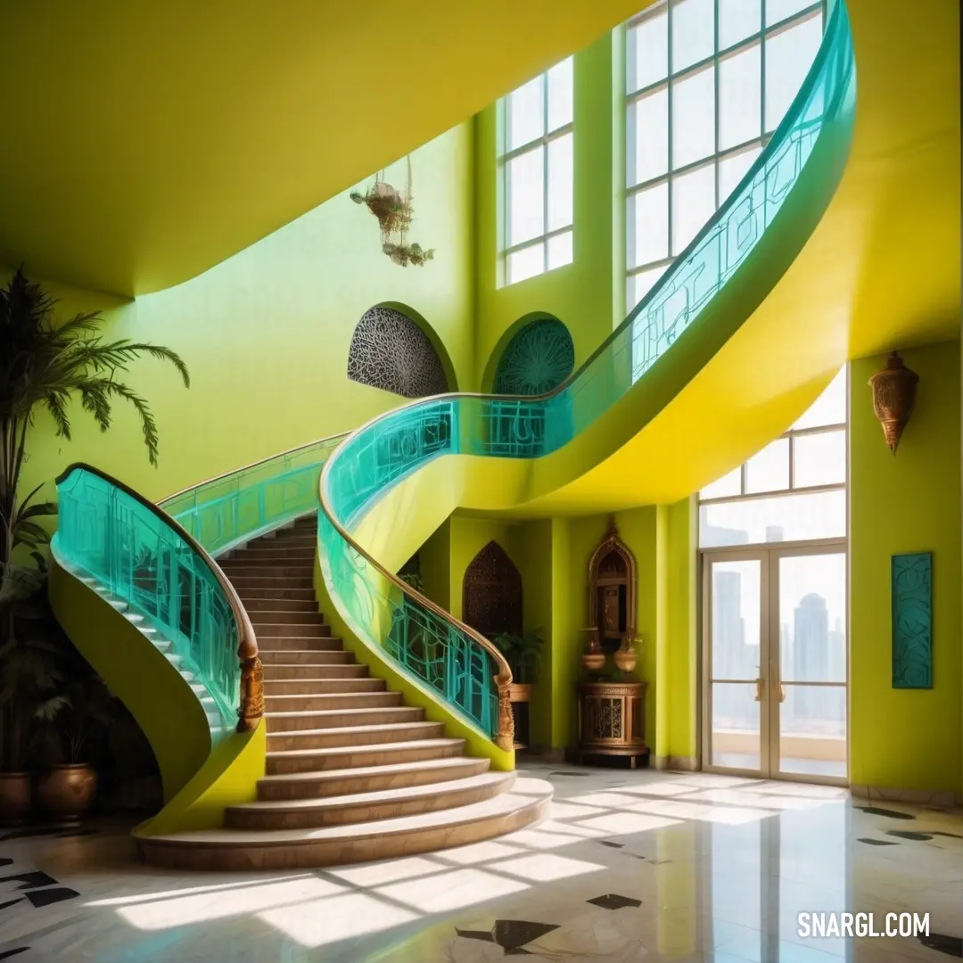 Large staircase in a large room with a green wall and a large window on the side of the room. Example of CMYK 0,0,100,50 color.