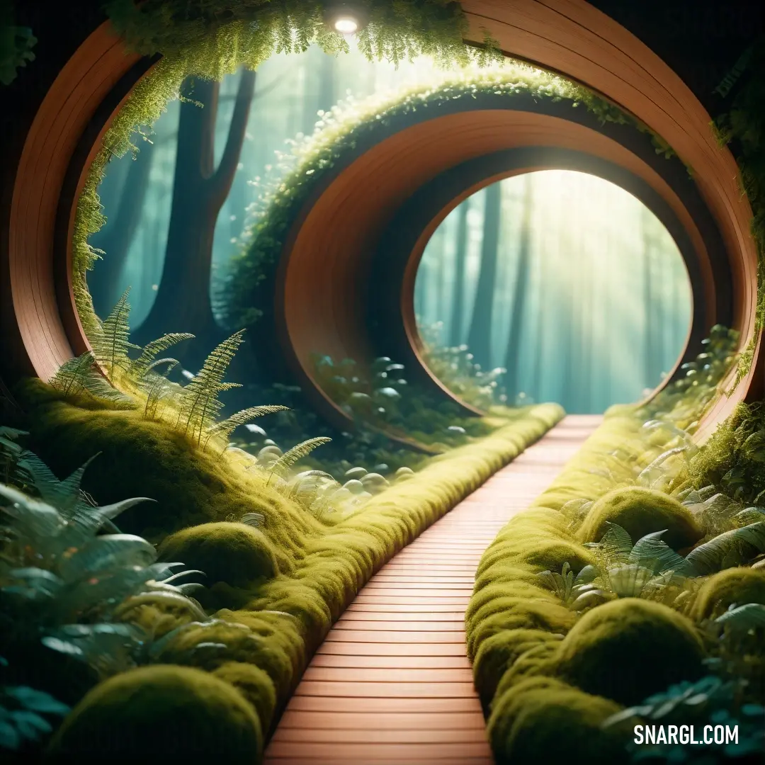 Pathway through a forest with a tunnel in the middle of it. Example of #808000 color.