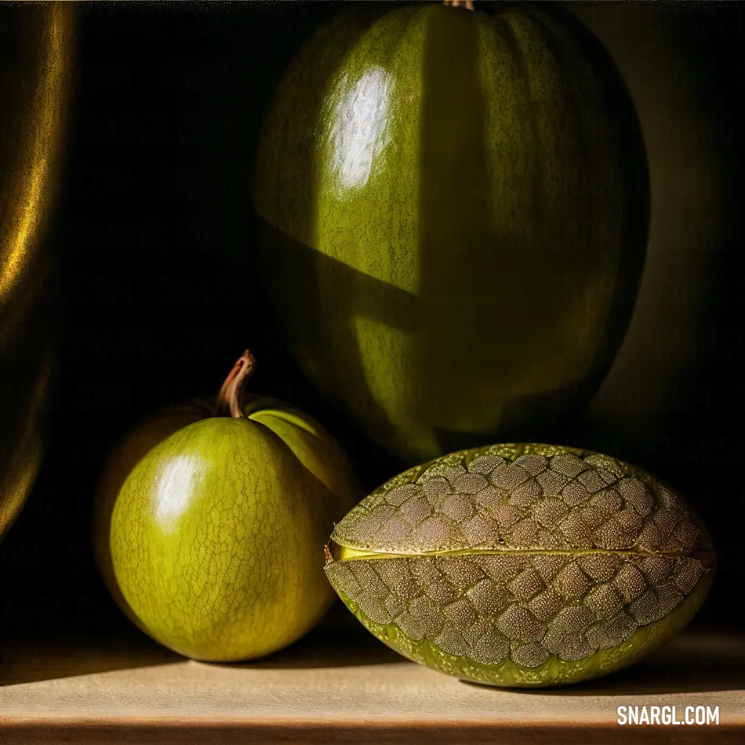 Painting of a green apple and a green pear on a table with a gold cloth behind it