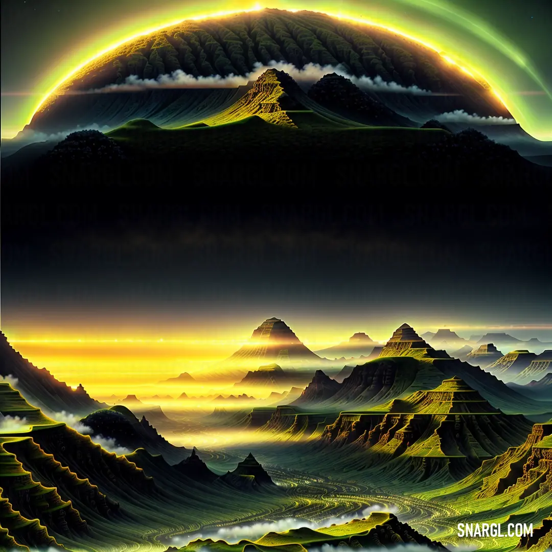 Painting of a mountain range with a green aurora behind it and a yellow aurora behind it