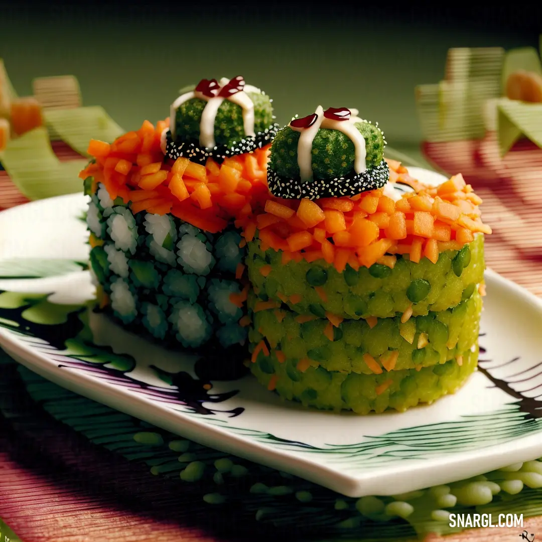 Plate with a sushi covered in vegetables and sauces on it