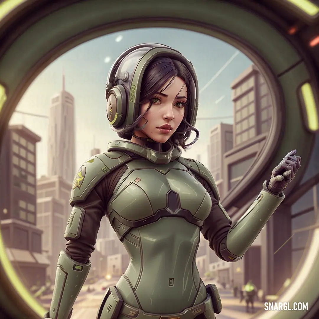 Woman in a futuristic suit holding a gun in a circular window with a city in the background