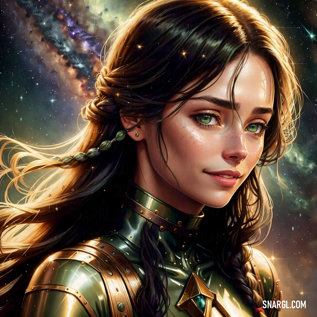 Woman in a gold outfit with a star in the background and a sky full of stars behind her