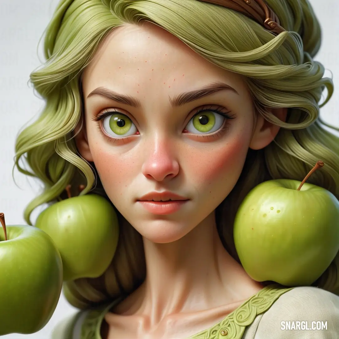 Woman with green apples on her shoulders and a crown on her head