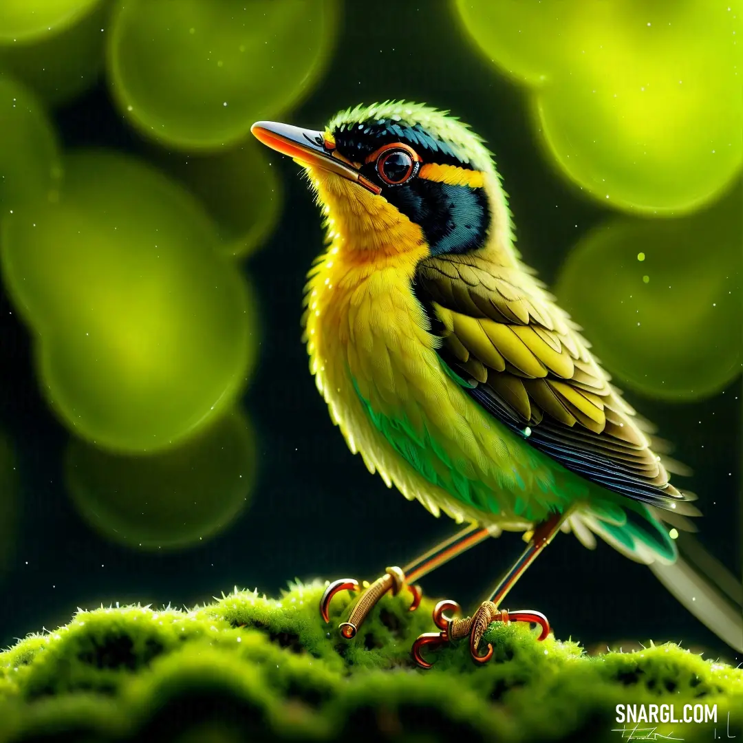 Bird on a mossy surface with a green background and bubbles in the background