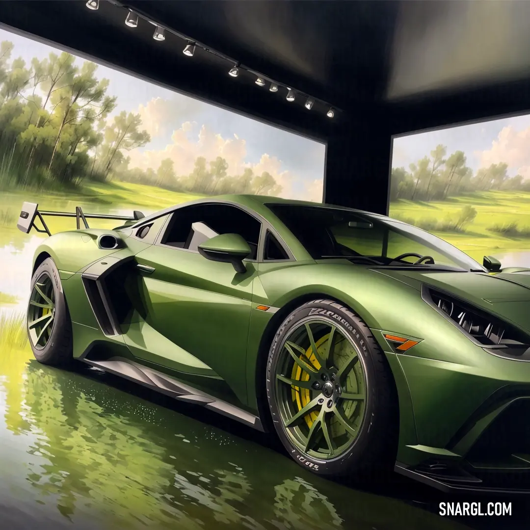 Green sports car parked in a garage with a painting of a landscape behind it