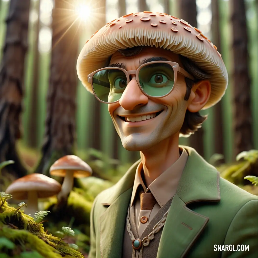 Man in a hat and glasses in a forest with mushrooms on his head and a green jacket on. Example of RGB 154,185,115 color.