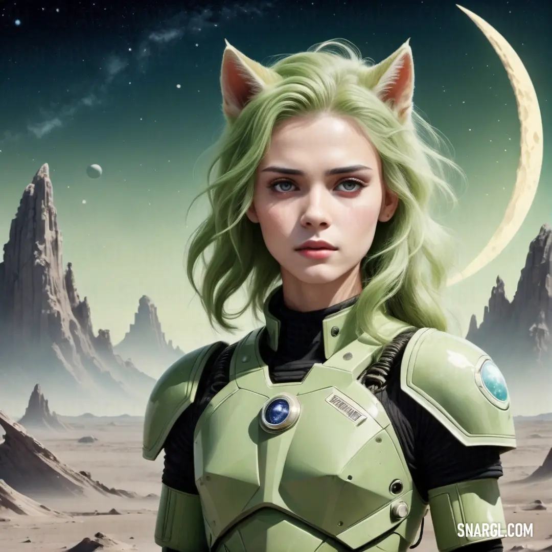 Woman in a green suit with a cat's head on her shoulder and a moon in the background. Color Olivine.