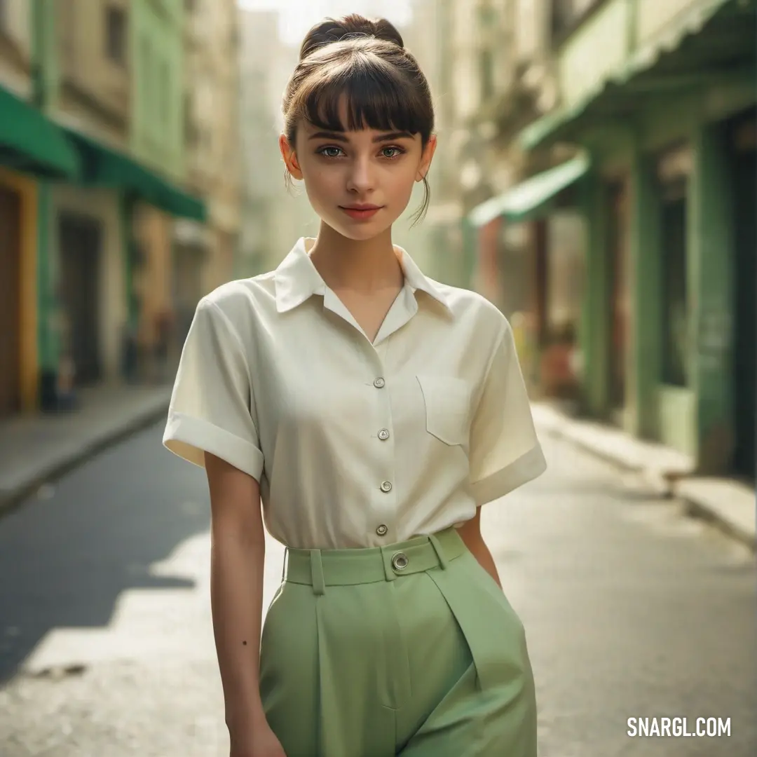 Olivine color. Woman in a short sleeved shirt and green pants stands on a street corner in a city setting