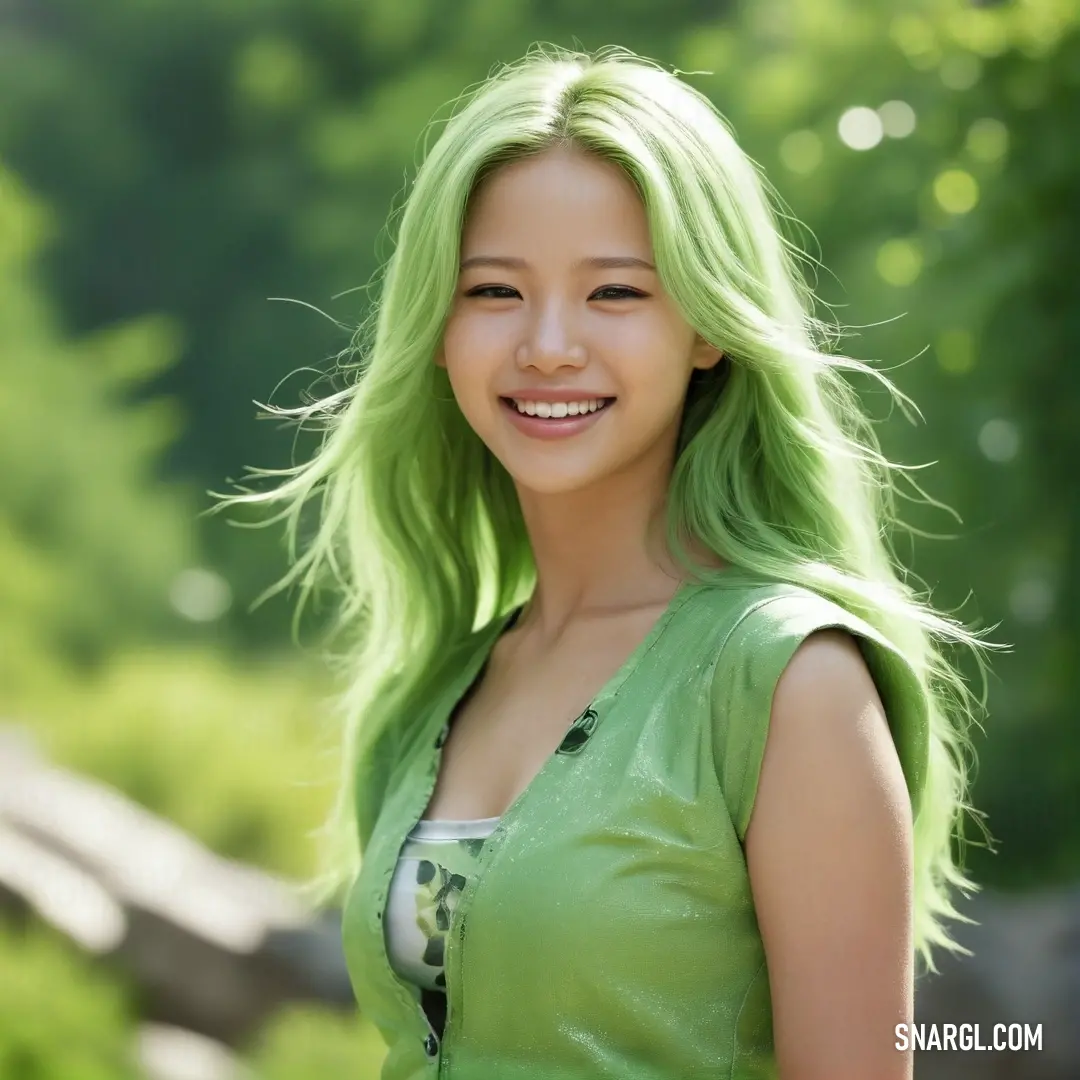 Woman with green hair and a green shirt smiling at the camera with trees in the background. Example of #9AB973 color.