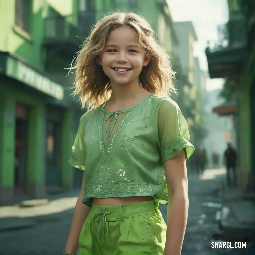 Young girl in a green outfit standing on a street corner smiling at the camera. Color CMYK 17,0,38,27.