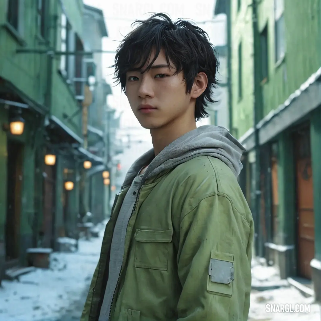 Young man standing in a narrow alley way in the snow with a green building in the background. Color Olivine.