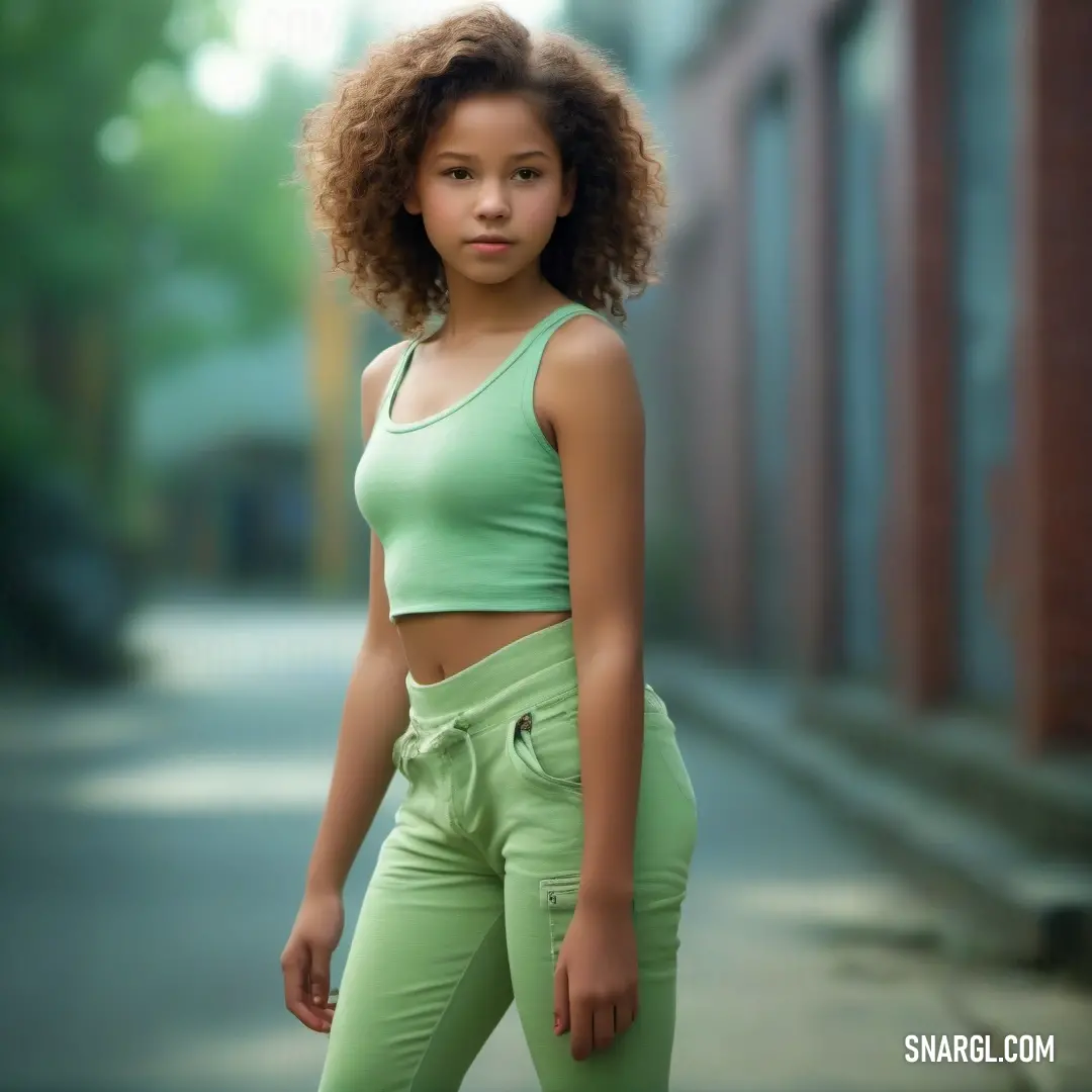 Young woman with curly hair standing on a sidewalk in a green top and pants. Color RGB 154,185,115.