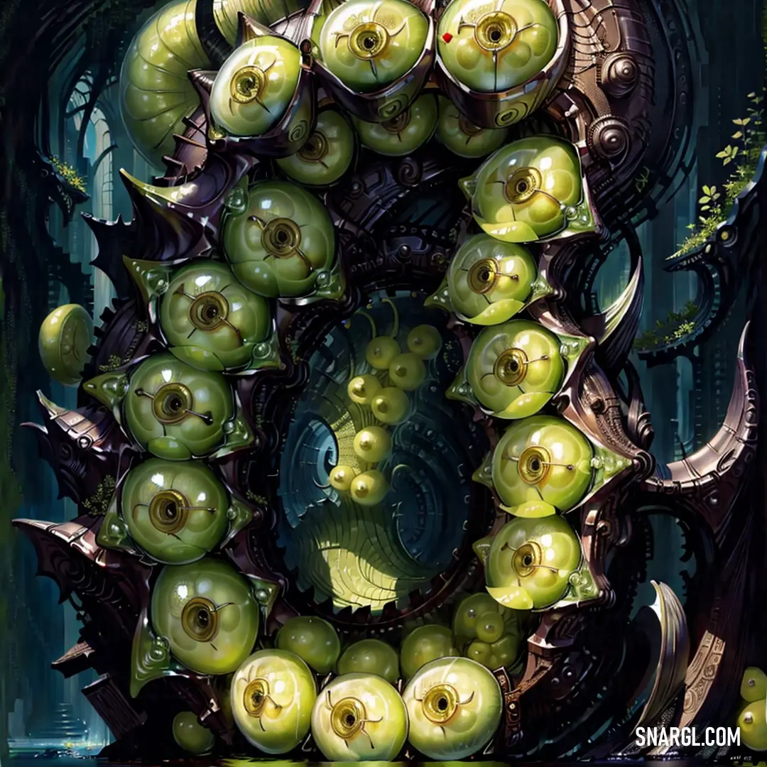 Painting of a bunch of green alien like objects in a circle with eyes and a body of water