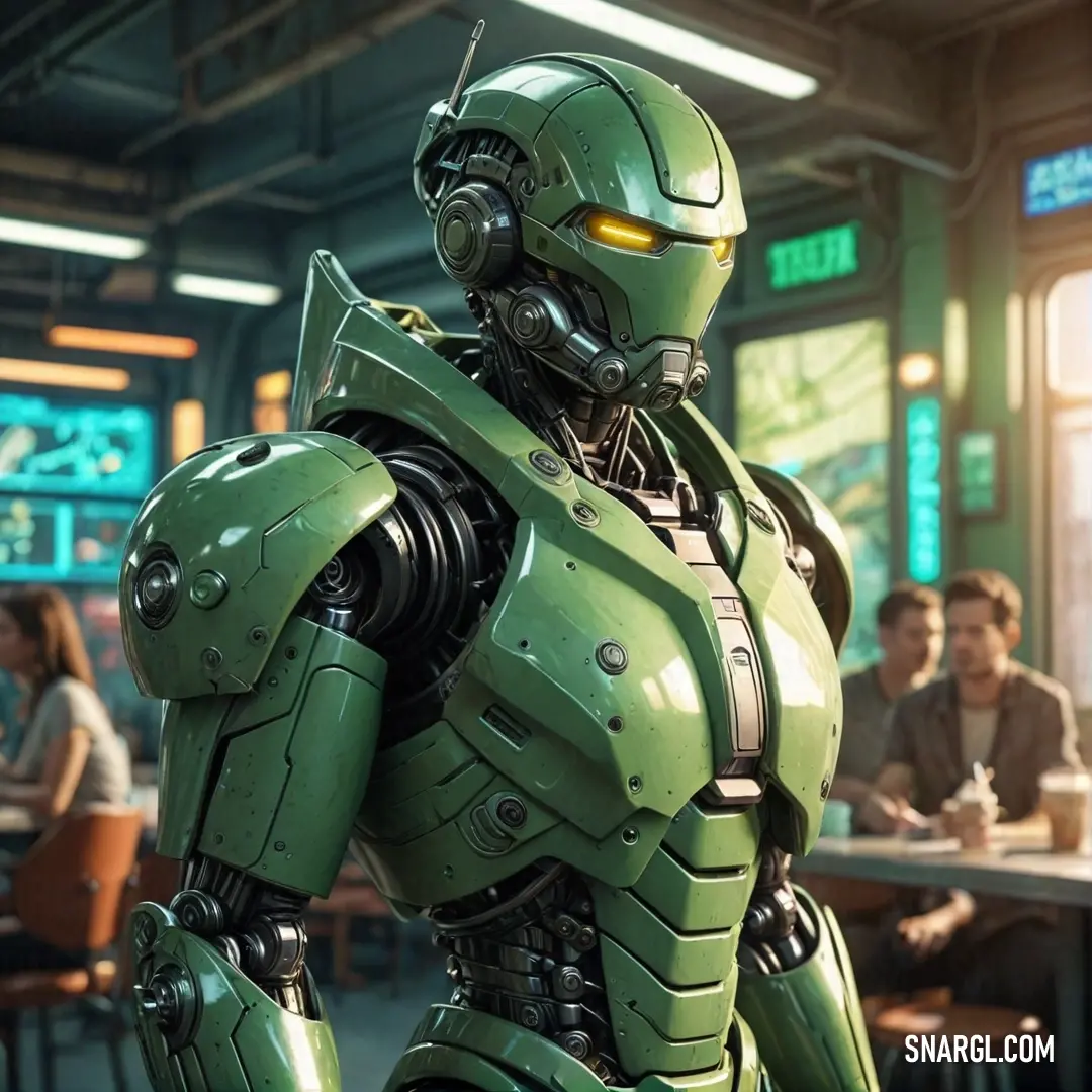 Robot standing in a restaurant with people at a table in the background. Example of RGB 154,185,115 color.