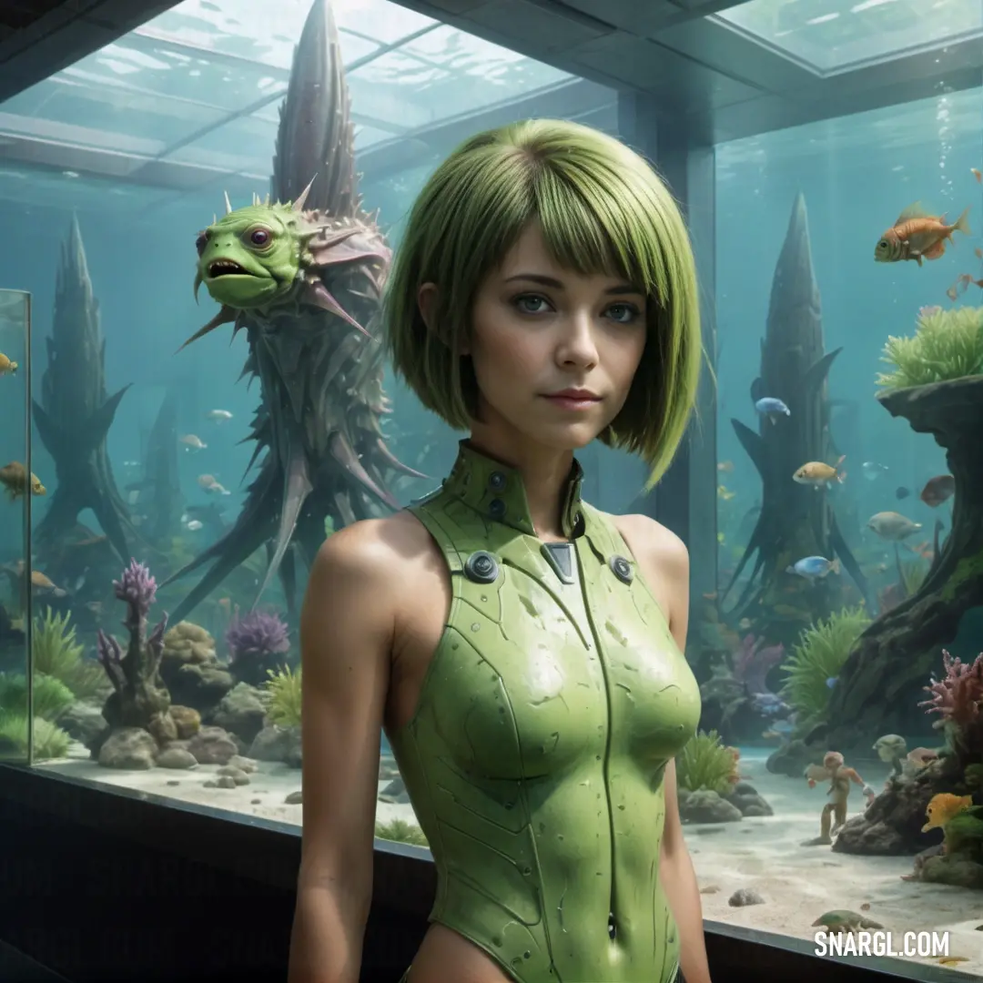 Woman in a green suit standing in front of a fish tank. Example of CMYK 17,0,38,27 color.
