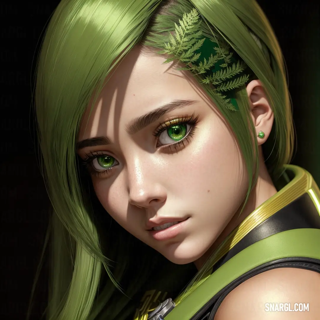 Woman with green hair and green eyes is wearing a green outfit and a leaf on her head