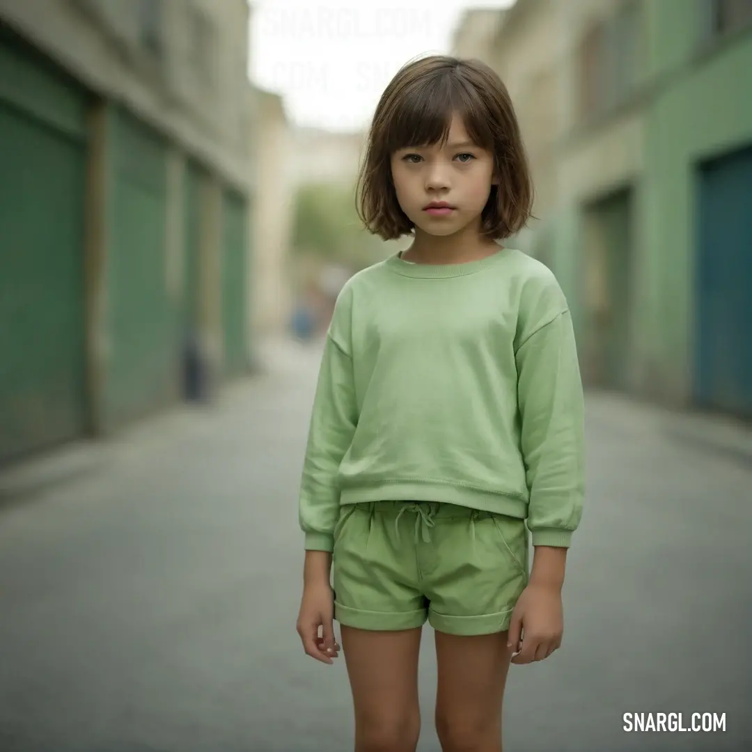 Olivine color example: Young girl standing in a narrow alley way wearing a green shirt and shorts with a short bottom