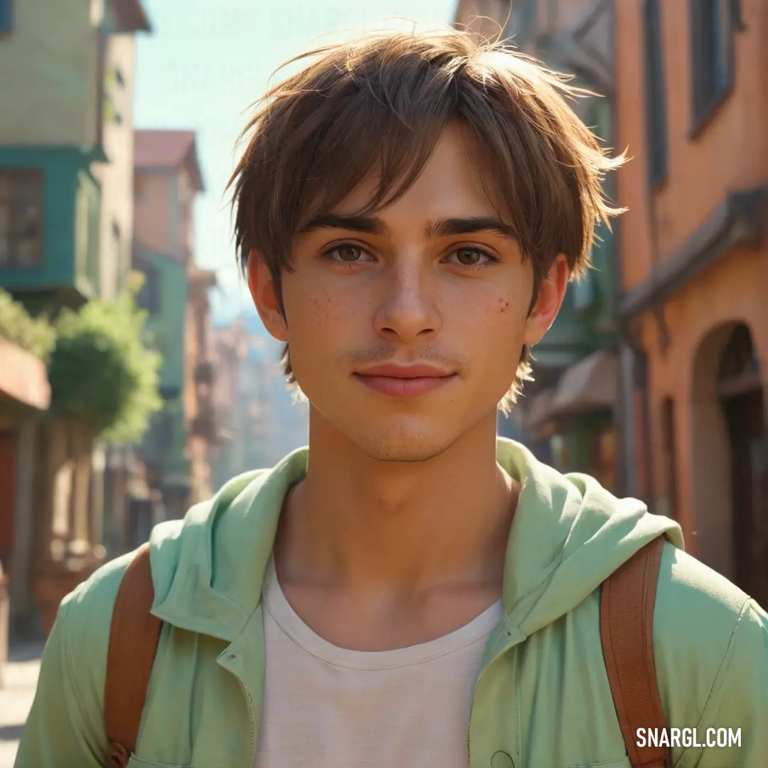 Olivine color example: Young man with a backpack on a street corner in a city with buildings