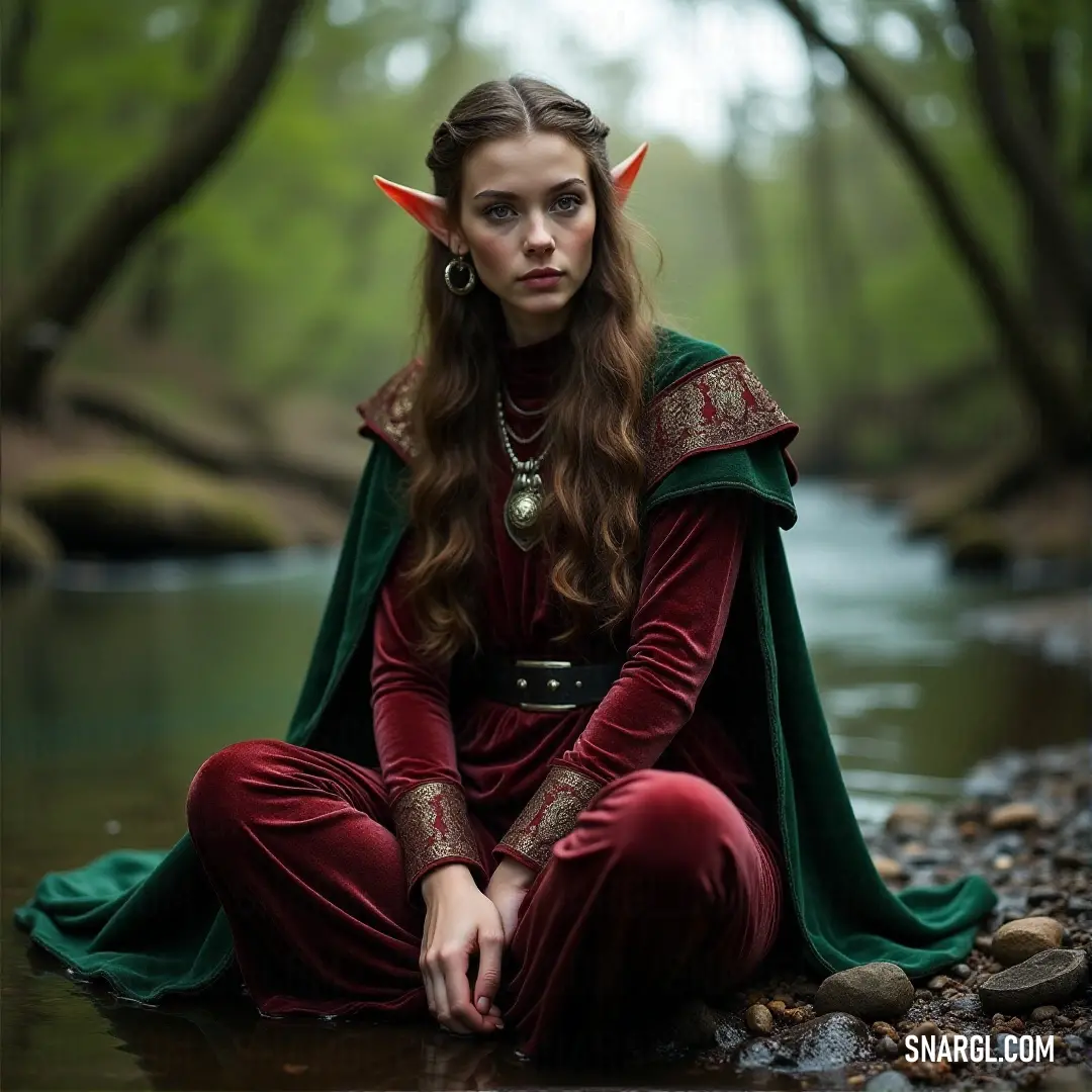 Olórin in a red and green outfit on a river bank with horns on her head