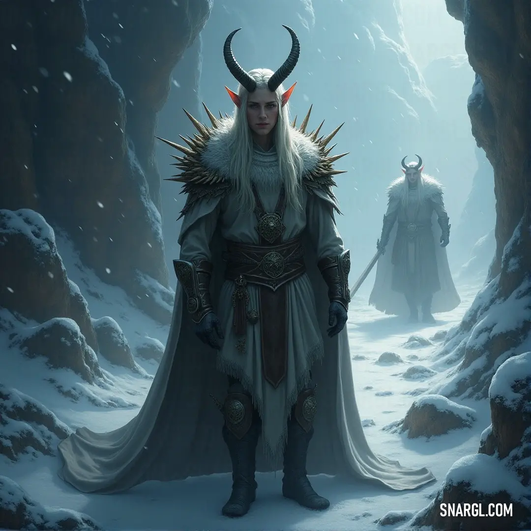 Olórin in a white outfit standing in a snowy cave with two horned men in the background