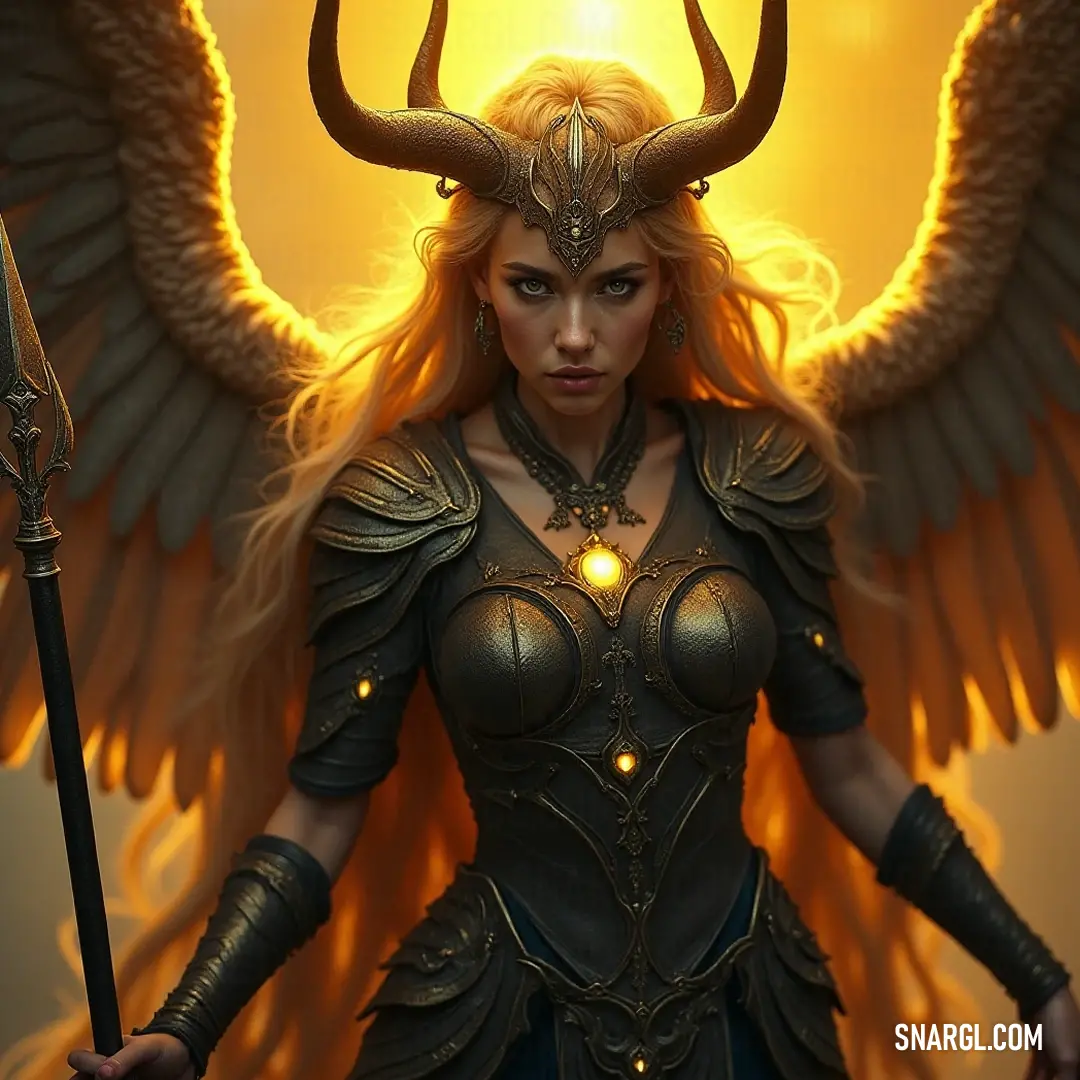Olrun, the radiant warrior with wings, brandishes her sword and a glowing orb, embodying power and grace amidst the shadows. A majestic warrior named Olrun, adorned with intricate horned headgear and ethereal wings, wields a shining sword while grasping a radiant orb of light that illuminates her fierce expression.
