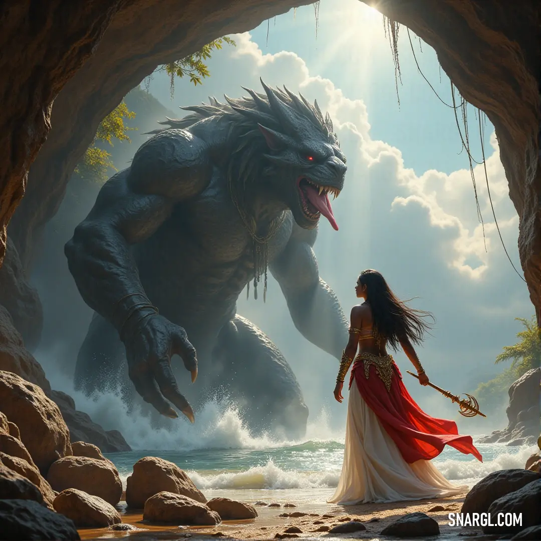 A courageous woman in a red dress stands in a cave next to a giant monster, with a man observing the scene under a beam of light. A bold woman in a red dress stands fearlessly in a dark cave beside a monstrous creature with its mouth wide open, while a man in a red shirt watches the unfolding scene with intensity, illuminated by the light from above.