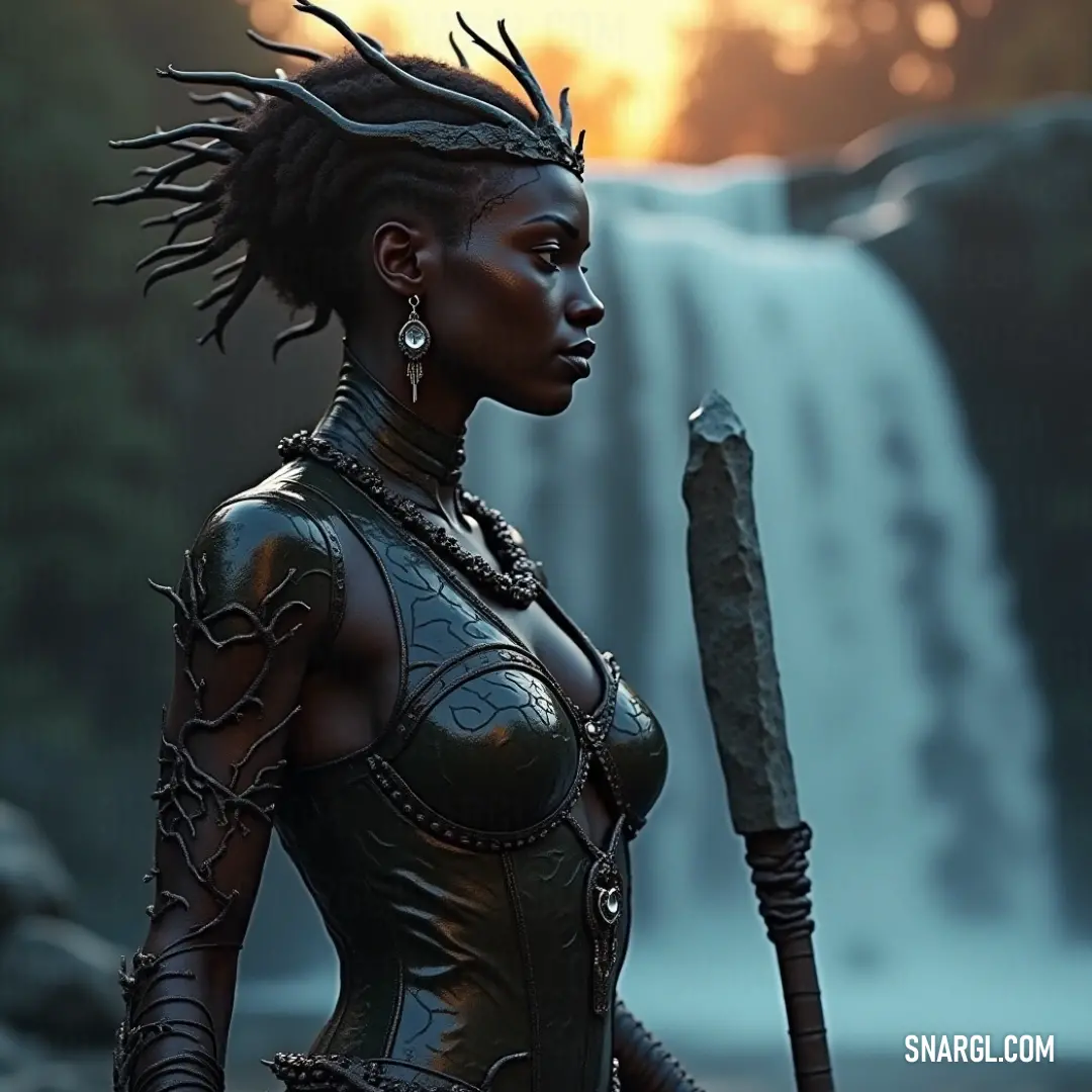 A warrior with dreadlocks holding a sword, standing strong in front of a cascading waterfall, embodying strength and serenity. A woman with long, flowing dreadlocks stands confidently before a stunning waterfall, gripping a sword in a battle-ready pose as water crashes behind her, creating a powerful and serene contrast.