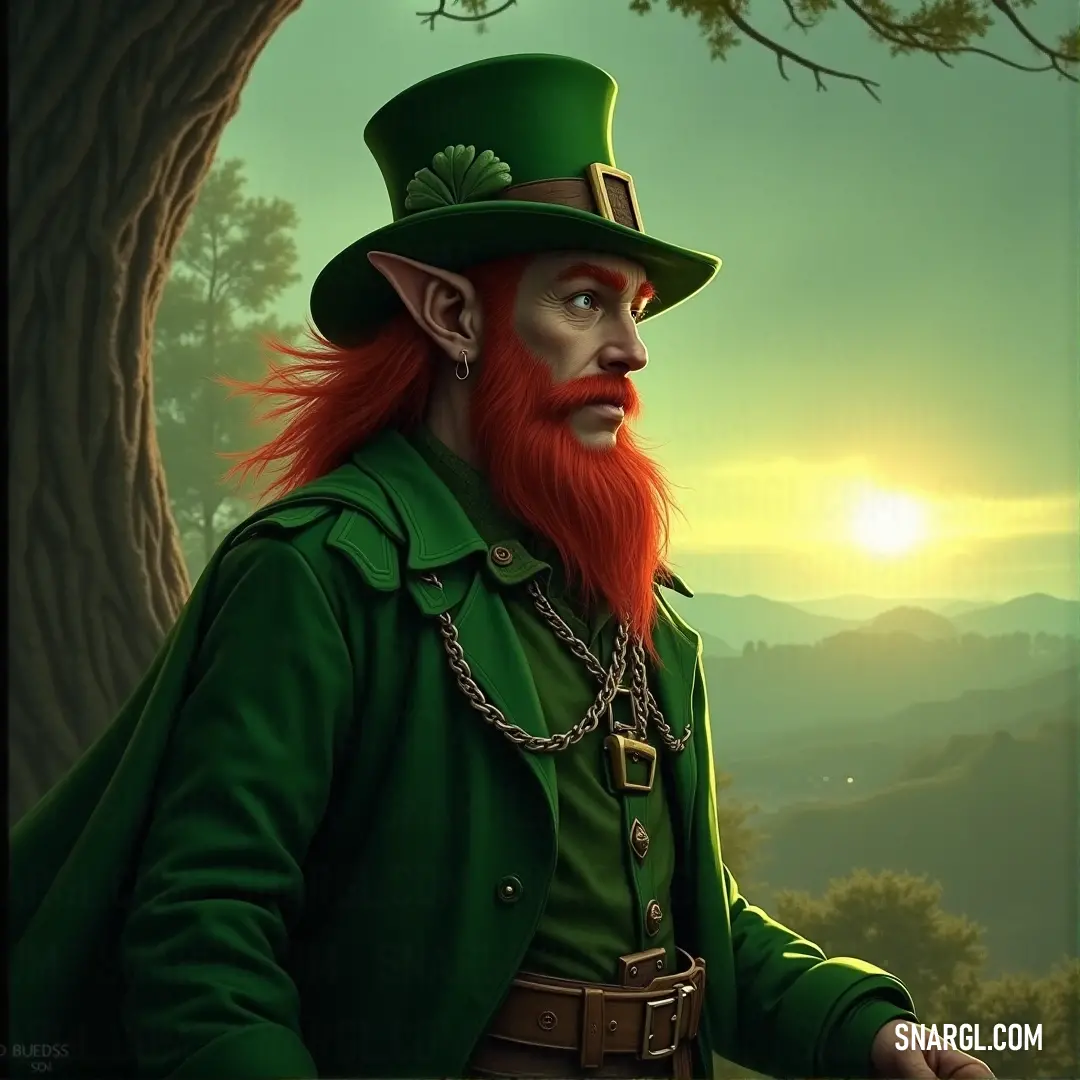 O'Malley, dressed in green, with a red beard and matching green coat and jacket, stands tall in the forest. His green hat gives him a distinguished look, making him a notable figure amidst the trees. O'Malley, with his red beard and green outfit, stands amidst a forest, wearing a green coat and jacket that provide him with both warmth and style. His green hat completes the look, marking him as a figure of authority in this untamed landscape.