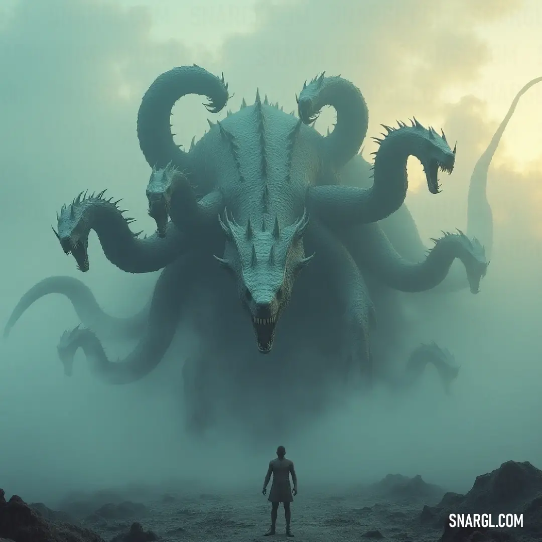 An imposing Omega Hydra, with its majestic scales and massive wings, stands firm before a colossal, monster-like creature looming in a foggy, desolate landscape, as an eerie mist surrounds them both.