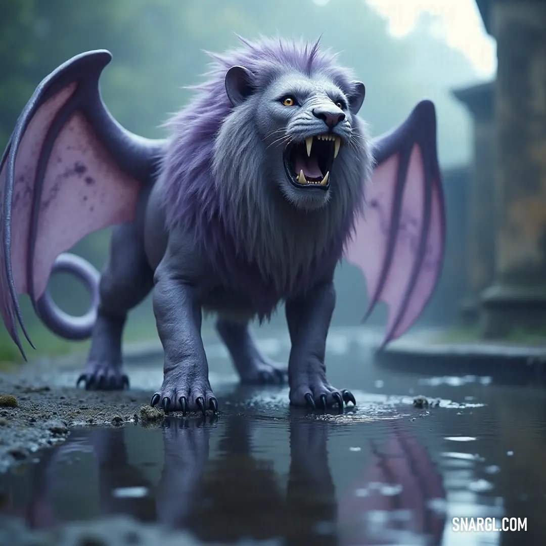 A majestic purple and black Omenclaw Manticore, with striking wings and formidable claws, emanates an aura of strength and grandeur. A stunning purple and black Omenclaw Manticore with dramatic wings and sharp claws stands proudly, exuding an air of majesty and power.