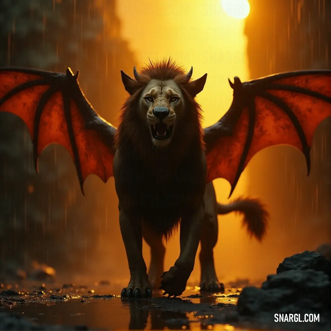 Red Omenclaw Manticore with horns and wings standing in the rain, eyes closed and mouth open in a powerful, dramatic stance. A fierce Red Omenclaw Manticore with horns and wings stands in the rain, its mouth open as droplets fall around it. Its closed eyes add to its mysterious, otherworldly aura.