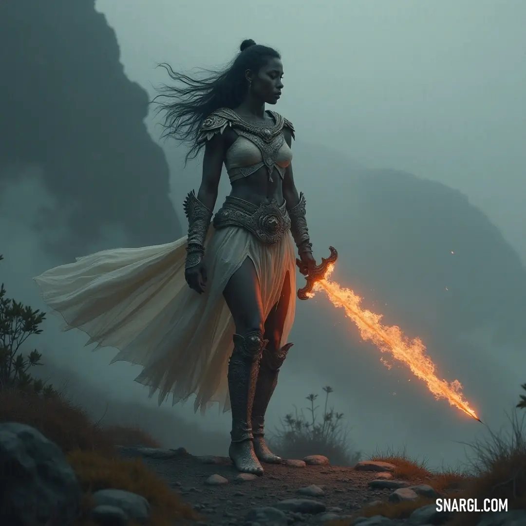 A lone warrior with a fire wand, standing tall on a foggy mountain, as the sky looms heavy in the distance. A brave figure dressed in a flowing costume, holding a blazing fire wand, standing resolutely on a misty mountaintop, with a fog-draped sky stretching behind her.