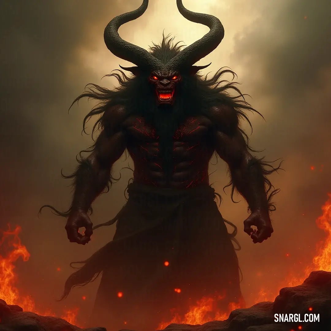 Fierce Oni engulfed in flames, set against a stunning sky, representing the wildness of mythical forces. Intimidating Oni with fierce horns, its flaming face illuminated against a backdrop of a vivid sky, embodying chaos and power amidst nature's grandeur.