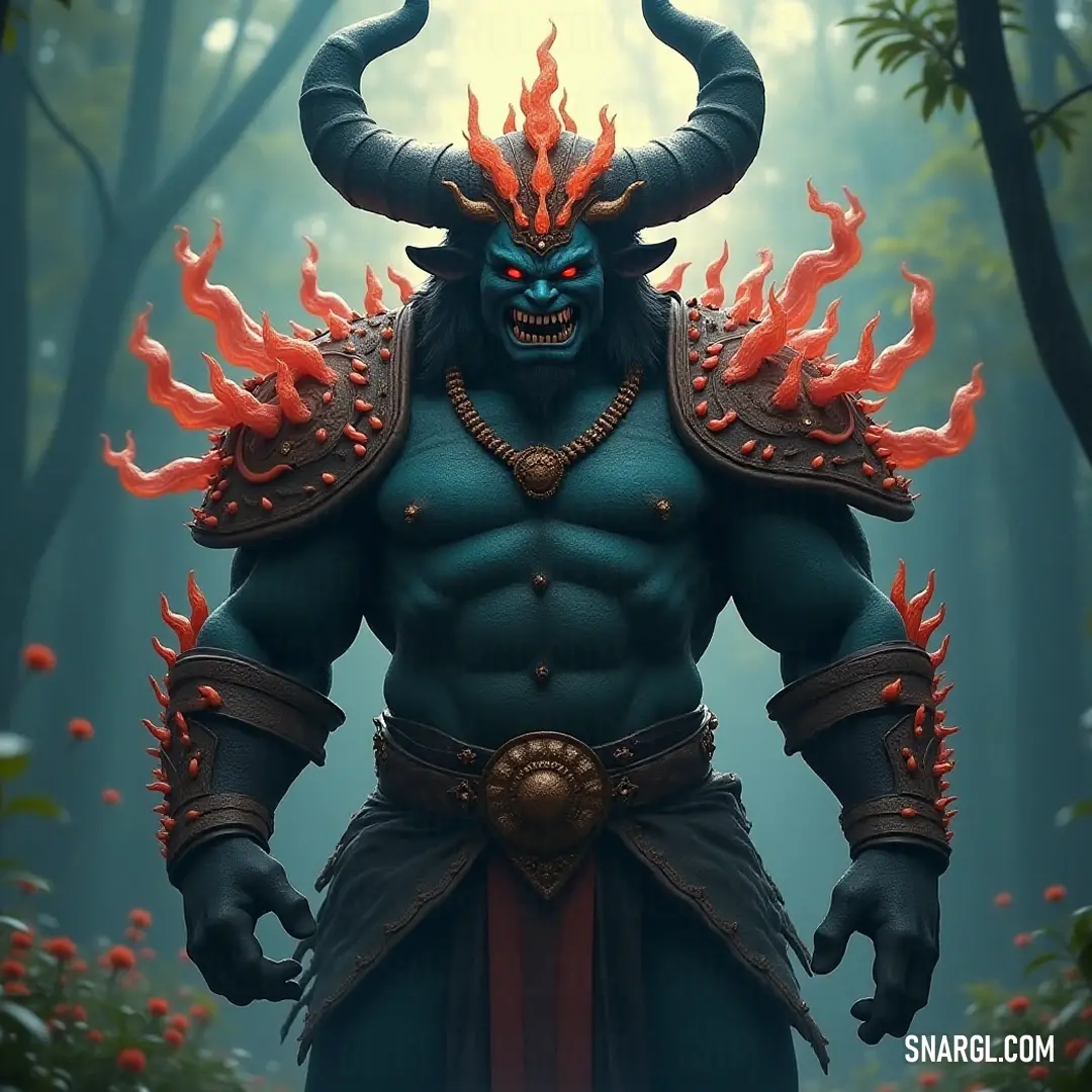 An imposing Oni with a fierce expression shrouds the woodland in mystery, his fiery form glowing brightly against the consuming darkness, embodying both fear and fascination. An awe-inspiring Oni in the woods reveals a beastly visage, adorned with a fiery red glow, standing amidst a symphony of flickering flames, shrouded in both beauty and dread.