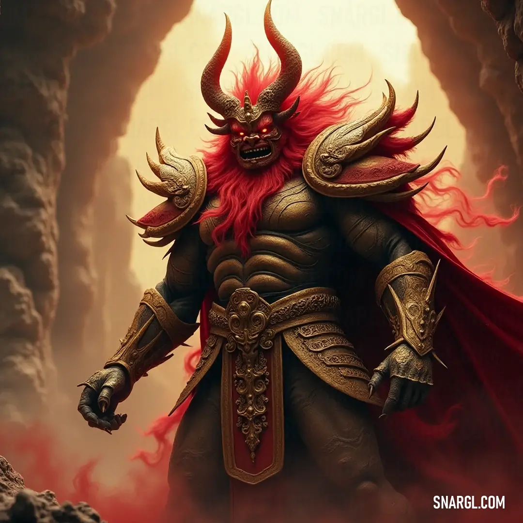 An intricate illustration showcases the dynamic Oni figure, his red hair flowing like fire as he embodies strength and wisdom against a backdrop that whispers of folklore and legends. A vivid representation of a mighty Oni, his fiery red hair a crown of flames while perched regally, exuding an air of ancient power and fierce admiration amid a mystic landscape.