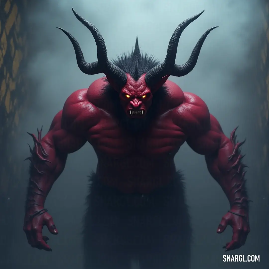The Mighty Oni Chieftain Amidst Fog and Ruins Amidst the swirling fog, the imposing Oni Chieftain looms with a fiery red face and formidable horns, surveying its domain where ancient buildings whisper stories of battles fought and legends forged.
