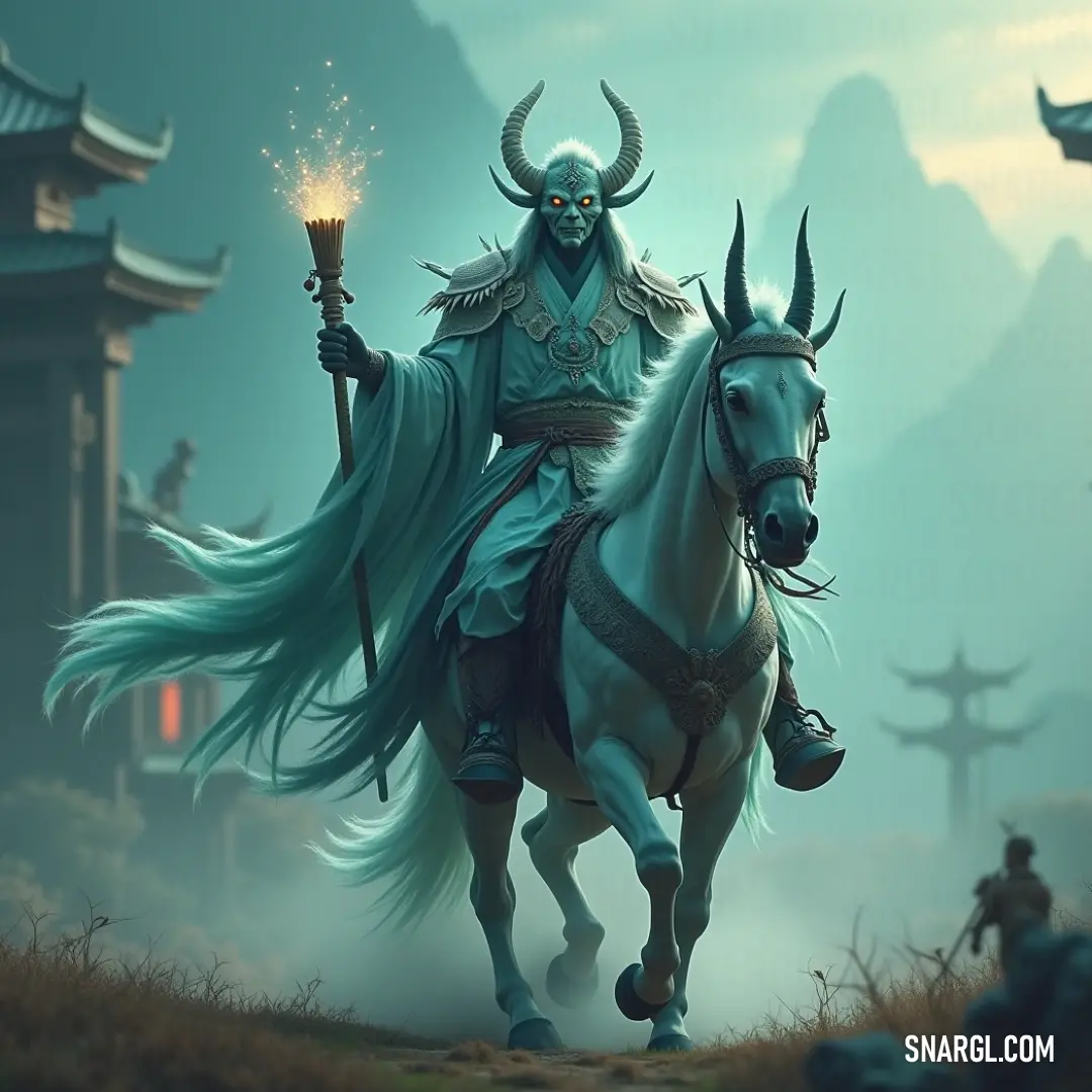 The commanding Oni Chieftain rides proudly on her white steed, surveying the lush forest brimming with life, seamlessly bridging the realms of nature and civilization with her fierce presence. An awe-inspiring Oni Chieftain majestically rides atop a white horse, surveying a verdant forest teeming with nature's wonders and towering structures, embodying herculean strength and a strong connection to both wilderness and civilization.