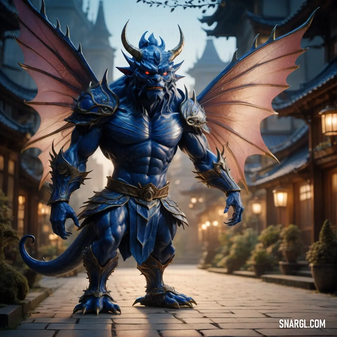 Blue Oni standing on a brick walkway in front of a building with a lantern on it's roof