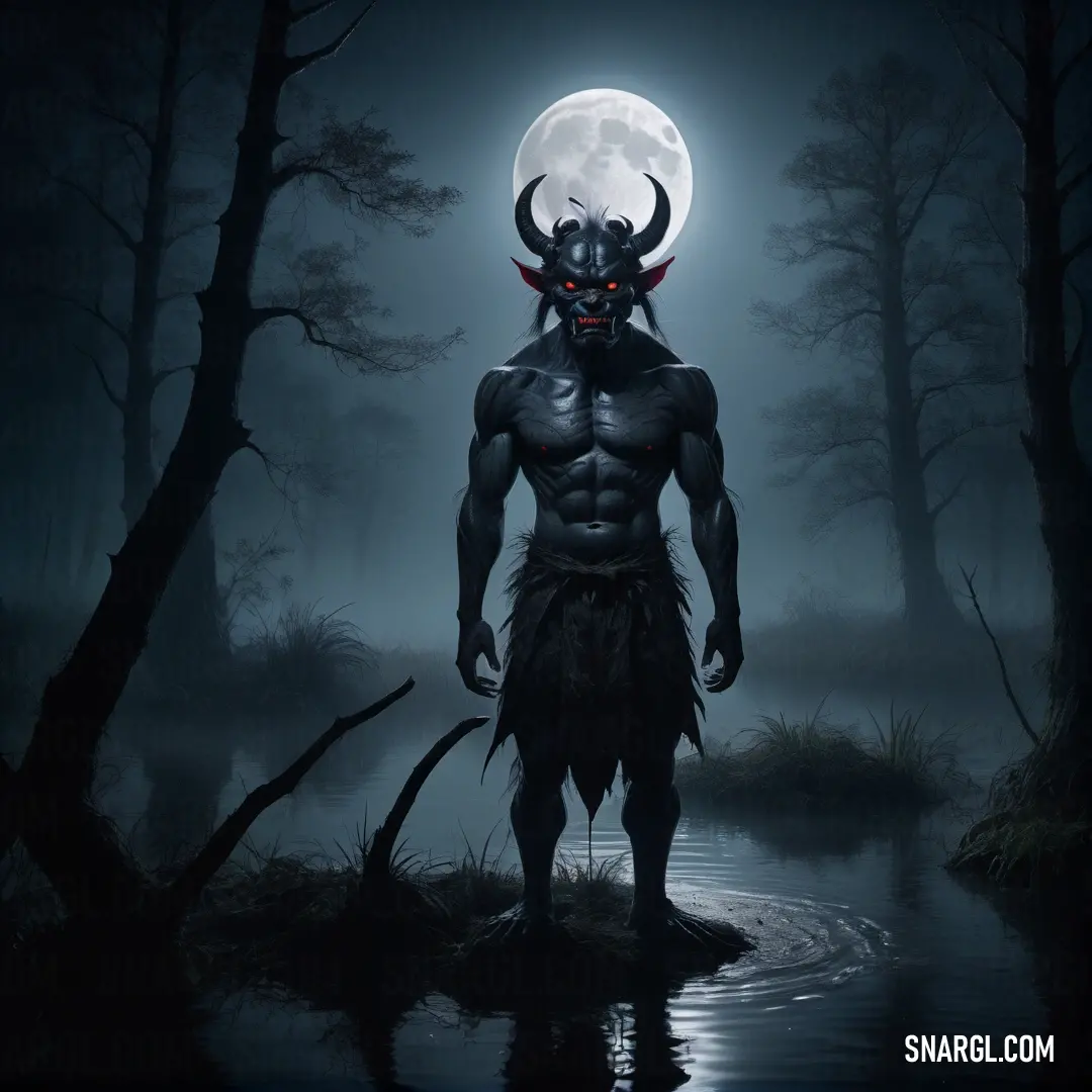 Oni standing in the water with a full moon behind him